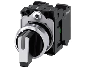 Siemens Sirius ACT 22mm vælgerkontakt i højglans metal og hvid farve med 3 kontaktpositioner og fjederterminal.