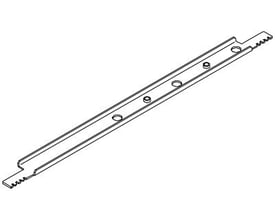 Cubic skinnebærer PE-FB50416 i 3M højre model, vist i teknisk tegning med monteringshuller og savtakket endestykke.