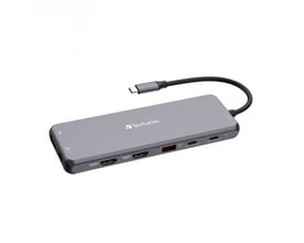 Verbatim USB-C Pro Multiport Hub med HDMI, USB-C og USB-A porte vist i en dynamisk vinkel på grå baggrund.