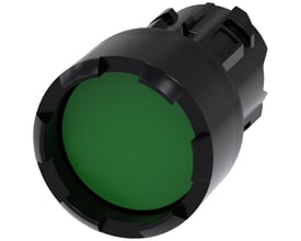 Siemens SIRIUS ACT 22mm trykknap med grøn frontring i robust plast, vist med hvid baggrund.