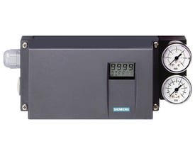Siemens SIPART PS2 positioner med digitalt display og to trykmålere på højre side, grå plastikkabinet.