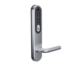 Zafe T-Lock oval dørlås i rustfri udførelse med fysiske knapper og vandret dørgreb set forfra.