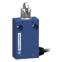 Telemecanique Sensors XCMH2103L1 endestopafbryder med blåt hus, stålrullebetjening og kabel, set skråt forfra.