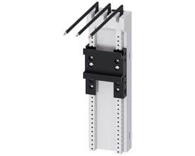 Siemens 8US2 busbarsystemadapter med tre sorte forbindelsesledninger og sort monteringsdel på en grå skinne.