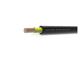 Sort kabel med brandklasse B2ca og én leder med grøn/gul isolering, der tydeligt viser den indre konstruktion.