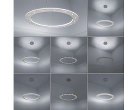 Montage af Pure-Cosmo rund pendel, der viser forskellige lysindstillinger fra 2700 til 5000 Kelvin.