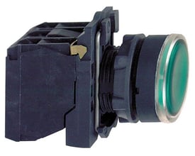 Sidevisning af Schneider Electric Harmony Style 5 lampetryk i grøn med 24VAC/DC, 22mm diameter og 1NO+1NC kontakt.