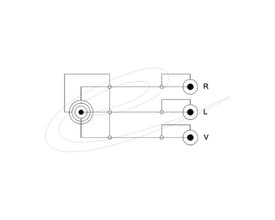 Tegning af DeLock audiokabel med vinklet 3,5 mm stereojack og tre RCA-stik til lyd og video.