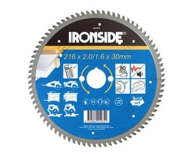 Ironside rundsavklinge til aluminium med 80 tænder, set forfra med blå mærkat og sølvfarvet tandkrans.