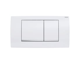 Geberit Twinline 30 mekanisk betjeningsplade i alpin-hvid med to skylleknapper og blankforkromede striber.