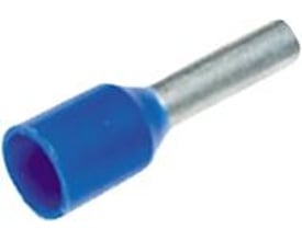 Blåt isoleret terminalrør til 0,75 mm² ledning med en total længde på 18,0 mm og en kontaktflade på 12,0 mm.