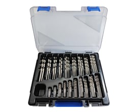 Spiralborsæt med 100 stk HSS-G bor i størrelserne 1-10mm, præsenteret i en åben, sort opbevaringskasse med blå spænder.