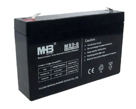 PowerWalker MHB MS9-6 6V/9Ah batteri, et 6V genopladeligt blysyrebatteri med etikette og advarsler.