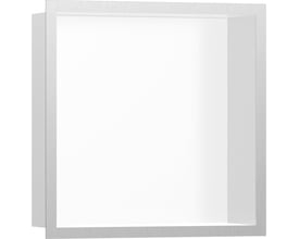 Hansgrohe XtraStoris Individual vægniche i børstet stål med hvid indsats, 300 x 300 x 100 mm, klar til montering i badeværelset.