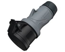Mennekes PowerTOP Xtra R CEE-forlængerled i grå og sort, set skråt, med 16 A, fire poler og IP54.