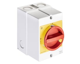 Kraus & Naimer EMC sikkerhedsafbryder med rød/gul betjeningshåndtag, 4-polet og IP66/67 klassificering i hvid plastkapsling.