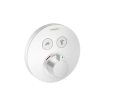 Hansgrohe Select S termostat i mat hvid, vist i en vinkel der fremhæver det runde design og kontrolpanelet med knapper og drejehjul.