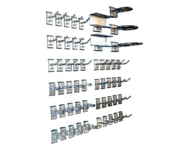 Maskinfabrikken Universal UNI-B krogsæt med 50 dele, viser forskellige typer kroge og ophæng til hulplader.