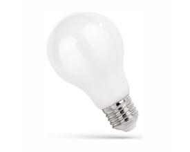 SpectrumLED E27 11W A67 LED-pære med hvid, opalformet kuppel og synlig gevindfatning, set skråt forfra.
