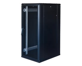 Toten G3 19" gulvskab i sort, med glasfrontdør og perforeret bagdør, 27U og 600x800mm dimensioner.