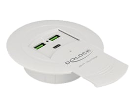 Delock USB Type-C oplader med 85W Power Delivery og Qualcomm Quick Charge 3.0, hvid hvirvelform med 2 USB-A og 1 USB-C port.
