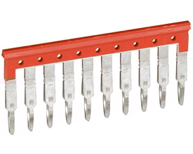 Legrand Viking 3 laske i rød plast med 10 metalstik til 5 mm klemmer, monteret på din-skinne, viser elektrisk samling.