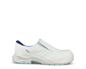 Hvid Sika Footwear Advance slip-on sikkerhedssko i størrelse 37 set fra siden med blå detaljer og tåværn.