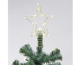 Nordic Winter guld juletræs topstjerne med 20 LED lys monteret på et juletræ, med en ensfarvet grå baggrund.