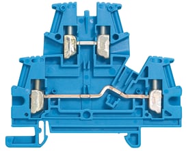 Legrand Viking 3 nullederklemme i blå plast med sølvfarvede skrueterminaler og koblingsskinne.