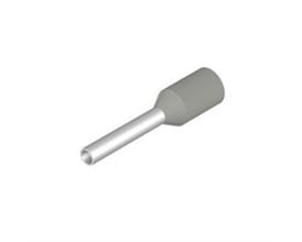Isoleret terminalrør fra Weidmüller, H0,75/14D, med grå plastkrave og fortinnet kobberrør, set fra siden.