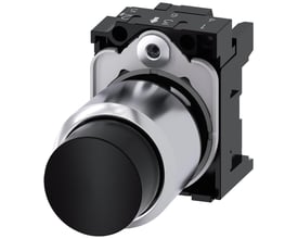Siemens Sirius Act 22mm rund trykknap i metal med sort, hævet knap og forkromet ring. Synlige numre 1, 3, 5, 6 på den sorte bagside.