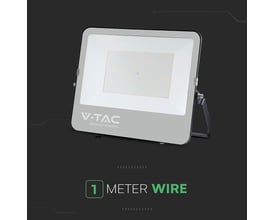 V-TAC 100W LED projektør i sort aluminium med et bredt, oplyst panel på mørkegrå baggrund.