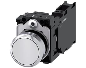 Siemens 22mm trykknap med højglans metalfront og hvid betjeningsknap. Inkluderer 1NC kontakt og fjederterminaler til montering.