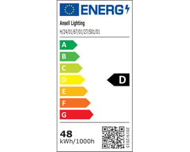 Energimærke for Ansell Lighting H-Cell LED bånd, med energiklasse D og 48 kWh/1000h.
