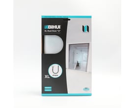 BIHUI XL støvdør med U-åbning i plastfolie, vist på en karton med produktinformation og billede af monteret dør.