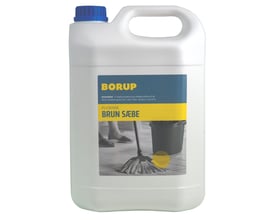 Borup Kemi flydende brun sæbe i 5L dunke med etikette, der viser anvendelse med gulvmoppe og spand.
