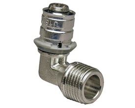 Nærbillede af Uponor S-Press 25mm vinkelkobling med synlig pres-indikator og 1" R-gevind.