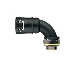 Thomas & Betts Adaptalok ATS 90° bøjefitting til 34 mm conduit med M32 udvendigt gevind, sort med gul ring.