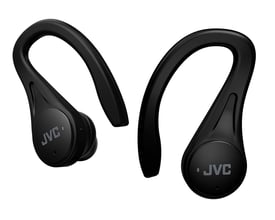Et par sorte JVC HA-EC25T-B-U True Wireless sportshøretelefoner vist individuelt med ørekroge mod hvid baggrund.