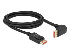 Sort DeLock DisplayPort 1.4-kabel på 2 meter med to hanstik, hvor det ene er vinklet 90 grader opad.