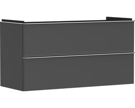 Hansgrohe Xelu Q vaskeskab set fra siden, med to skuffer og aluminiumsgreb, i mat diamantgrå finish.