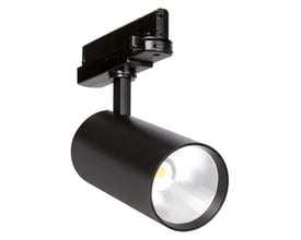 Sort Ledvance Tracklight Spot XR HE-skinnespot med cylindrisk lampehoved, synlig reflektor og 3-faset skinneadapter.