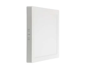 V-TAC 24W bagbelyst panel i hvid plast med mål på 287x287mm, viser en kvadratisk påbygningslampe.