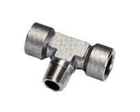 Parker T-stykke i messing med indvendig BSPT og udvendig BSPP gevind, R1/8 til G1/8.