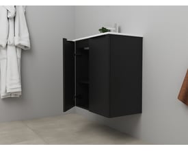 Sanibell Online møbelsæt i matsort med 2 åbne låger, 61x36 cm, med hvid porcelænsvask og krom armatur monteret.