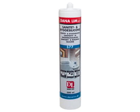 Dana Lim sanitets- og byggesilicone 577 i sort, 300 ml, vist i en hvid patron med rød og blå etiket.