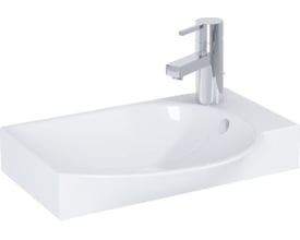 Hvid Royo IMAGE håndvask til 45 cm Compact med 370 mm dybde og 145 mm bredde, set skråt forfra.
