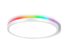 Tæt på CCT loftlampe med RGBIC backlight, der viser det fulde spektrum af farver rundt om kanten.