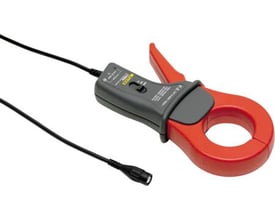 Fluke I1000S strømtang i rød og grå, med et sort kabel og BNC-stik på hvid baggrund.