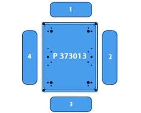 Teknisk tegning af Fibox kassebund i polyester, 370 × 300 × 130 mm, med markeringer af siderne.